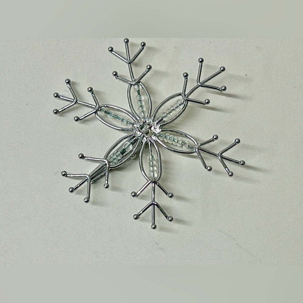 Vintage Artisan Crafted Hand Made Silver Tone Beaded Clip On Snowflake Brooch